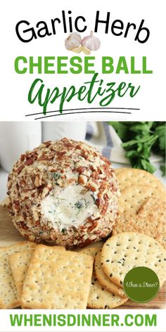 garlic herb cheese ball appetizer on a cutting board with crackers