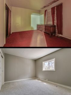 before and after pictures of an empty living room with carpeted flooring, walls painted white