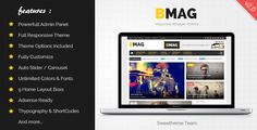 the mag magazine wordpress theme is displayed on a laptop screen, with five stars around it