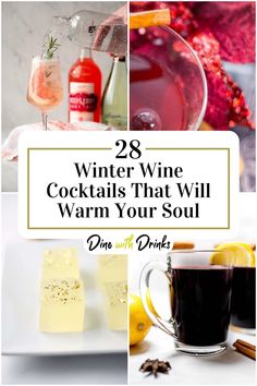 Collage of 4 winter wine cocktails. Wine Recipes Drink, Cold Weather Drinks, Red Wine Cocktails, Wine Cocktail Recipes, Easy To Make Cocktails, Wine Mixers, Warm Wine, Winter Cocktails