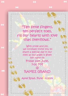 a pink and white card with gold foil on it that says ten little fingers, ten perfect toes, fill our hearts with love that overflows