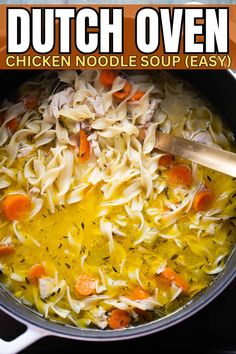 chicken noodle soup in a pot with the words dutch oven chicken noodle soup easy