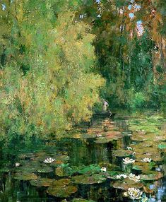 a painting of water lilies and trees in the background