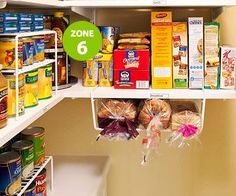 an image of some food items in the pantry with caption that reads zone 6 quick breakfasts keep morning meals in an easy - access spot