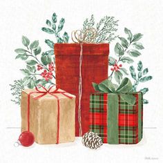 watercolor painting of two wrapped presents with holly and pine cones