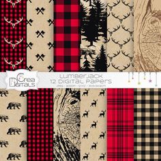 lumber digital paper pack with red and black buffalo, moose, deer, pine trees