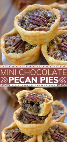 mini chocolate pecan pies stacked on top of each other with text overlay