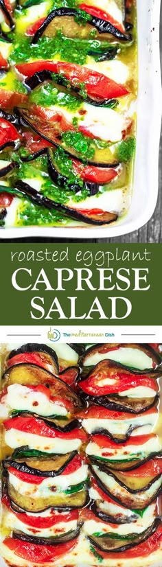 roasted eggplant caprese salad in a casserole dish