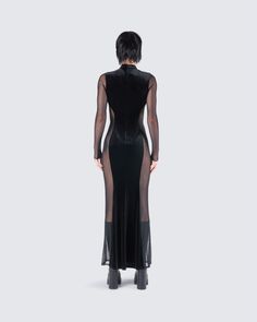 Introducing the ultimate power move 😏 Have them on their knees for you in this seductive black velvet panel gown - made from stretch velvet + stretch illusion mesh, and complete with a mock neck, sheer panels, and long sleeves 🖤 Leave little to the imagination - fit is sheer & undergarments are not included 🤭 Black Velvet Club Dress, Gothic Long Sleeve Sheer Dress, Black Full-length Dress With Sheer Sleeves, Black Full Length Dress With Sheer Sleeves, Fitted Evening Mesh Dress With Mesh Back, Fitted Mesh Dress With Mesh Back For Evening, Fitted Mesh Back Dress For Evening, Sheer Fitted Gothic Dress, Fitted Velvet Club Dresses