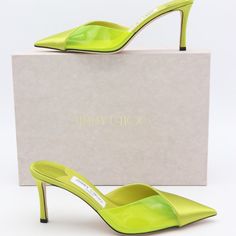 Nib Jimmy Choo Claria Satin & Pvc Mules Brand New In Original Box, 100% Guaranteed Authentic!! Mfsrp: $795.00 +Tax Size: 7 Us / 37 Eu Color: Lime/Neon Yellow The Satin And Pvc-Paneled Vamps Of Jimmy Choo's Claria Mules Give Them A Directional Look. They're Shaped With Piercing Pointed Toes, And Set On 75mm Stiletto Heels For Just Enough Height. Satin/Leather/Pvc Pointed Toe Slip-On Style Leather Lining And Sole Heel Height, 3" (75mm) Made In Italy Yellow Heels, Yellow Satin, Neon Fashion, Authentic Designer Handbags, Jimmy Choo Shoes, Heels Pumps, Neon Yellow, Pumps Heels, Jimmy Choo