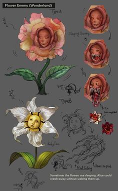 an image of flowers with faces and mouths on them, all drawn in different ways