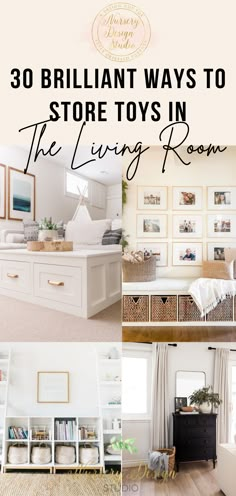 the living room is decorated in white and has lots of pictures on the wall above it