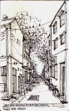 an ink drawing of a narrow street with trees on both sides and buildings in the background