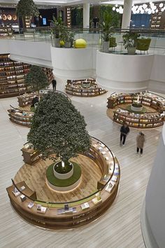 the interior of a library with people walking around and several bookshelves on each floor