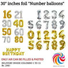 foil balloons with numbers on them and the words happy birthday