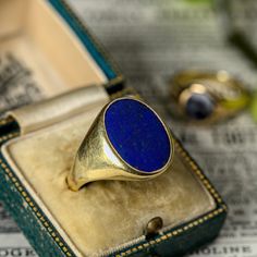 A superb heavy quality, larger antique signet ring, set with a stunning, deep, strong and pure natural cobalt blue lapis lazuli.  The oval stone has some of the nicest dimensions, and its ratio relative to both its beveled bezel surround, and its integrated shoulders, make for a piece that truly dances the line between art and function.  In solid 14 carat gold throughout, the ring is a strong, capable, flowing band that's very comfortable so would be ideal for both occasional and daily wear. My Signet Pinky Ring, Pinky Rings For Women, Blue Lapis Lazuli, Lapis Lazuli Stone, Blue Lapis, Oval Stone, Pinky Ring, Signet Ring, Blue Stone