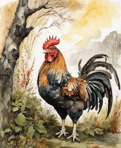 a painting of a rooster standing next to a tree