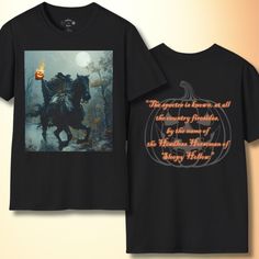 Channel the eerie legend of Sleepy Hollow with this striking Headless Horseman design. The front features a chilling depiction of the infamous spectre, charging forward with ominous intensity. On the back, the quote, "The spectre is known, at all the country firesides, by the name of the Headless Horseman of Sleepy Hollow," adds a haunting touch, capturing the timeless terror of Washington Irving's classic tale. Perfect for fans of gothic horror, dark folklore, and those who revel in the mysterious allure of one of America's most enduring legends. Wear this and bring the spooky spirit of Sleepy Hollow wherever you go! The unisex soft-style t-shirt puts a new spin on casual comfort. Made from very soft materials, this tee is 100% cotton for solid colors. The shoulders have twill tape for im Themed Halloween T-shirt With Custom Print, Halloween Themed Pre-shrunk T-shirt, Pre-shrunk Themed T-shirt For Halloween, Horror Halloween T-shirt With Sublimation Print, Halloween Horror T-shirt With Sublimation Print, Horror T-shirt With Sublimation Print For Halloween, Dark Folklore, The Headless Horseman, The Spectre