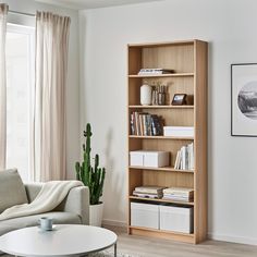 a living room with a couch, coffee table and bookshelf in the corner