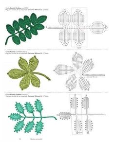 four different types of leaves and cross stitchs in green, blue, and white