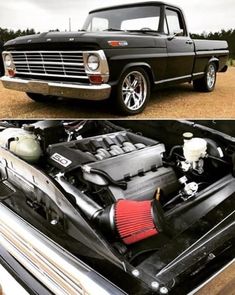 an old black truck with the hood up and engine in it's box open