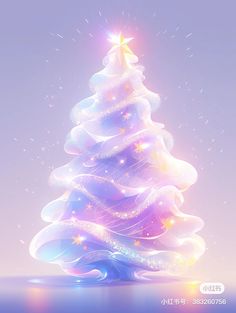 a white christmas tree with stars on top in front of a blue sky and water