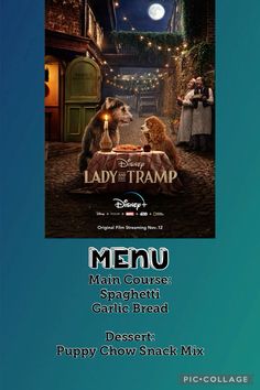 the menu for lady and the tramp at disney's hollywood studios, featuring two dogs