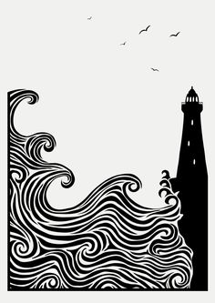 a black and white drawing of a lighthouse in the ocean with waves coming towards it