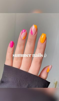 Girls Best Summer Nails 2023 Lesbian Pride Nails Short, Yellow Pink Nails, Summer Nails Pink And Orange, Bright Summer Nails, Bright Nails, Vacation Nails, Summer Acrylic Nails, Neon Nails, Pink Nail