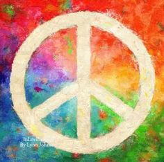 a painting of a peace sign painted in white on an orange, red, and blue background