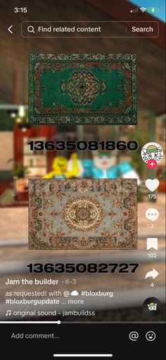 the screenshot shows an image of rugs and other items in different colors, sizes and