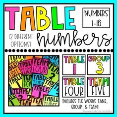 the table numbers poster is shown with colorful letters and numbers to match it's place