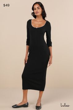 The flirty vibes that radiate from the Lulus Certainly Darling Black Ribbed Long Sleeve Midi Dress will make it the perfect pick for meeting up with your crush! Stay cute and comfortable all day long with this stretchy ribbed knit dress that features long sleeves and a scoop neckline with scalloped lace trim and a dainty rosette detail at the center. The bodycon silhouette will effortlessly flaunt your figure as it falls to a chic midi hem with a convenient kick pleat at the back. Fit: This garm Ribbed Scoop Neck Dress For Night Out, Scoop Neck Ribbed Dress For Night Out, Black Scoop Neck Midi Dress For Night Out, Kick Pleat, Ribbed Knit Dress, Sleeve Midi Dress, Your Crush, Long Sleeve Midi, Scalloped Lace