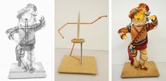 three different types of sculptures on wooden bases