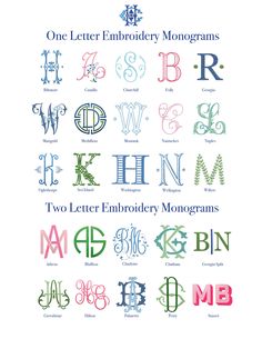 one letter embroidery monograms are shown with the letters in different colors and sizes