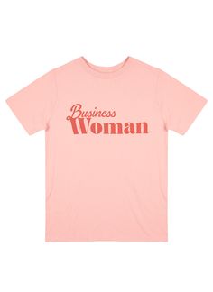 , In the market for something new to wear to work? Look no further - Eve has arrived! Featuring a tongue-in-cheek ‘Business Woman’ slogan in dusty pink hues, this super-soft organic cotton tee also features a classic crew neckline, short sleeves, and a vintage-style fit. Whether you’re dressing down for a casual friday in the office or getting ready for an important zoom meeting at home, Eve is a surefire way to show the world that you mean business!Morgan is 5'9 and is wearing a SmallLauren is Pink Business Woman, Women Slogan, Pink Business, Zoom Meeting, Midi Dress Formal, Checked Trousers, 1990s Fashion, Floral Shirt Dress, Top Background