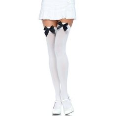 White thigh high stockings with black bows. One size fits most adults. Opaque nylon. Size: O/S.  Color: Multicolor. White Thigh Highs, Black Bows, Bollywood Dress, Halloween Leggings, Leg Avenue, Thigh High Stockings, Halloween Accessories, Satin Bow, Black Bow