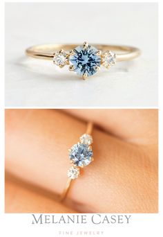 two different views of an engagement ring, one with a blue topaz and the other with