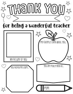 thank you for being a wonderful teacher coloring page with an apple, pencil and stars