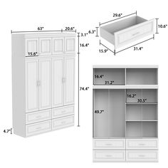 the measurements for an armoire and cabinet are shown in white, with drawers on each side