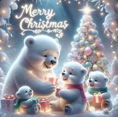 two polar bears are holding presents in front of a christmas tree