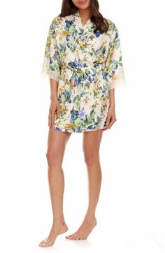 Silky-soft satin refines the flowy silhouette of these floral pajamas pairing a lace-trimmed camisole with coordinating shorts and a matching robe. 18" top center front length; 1 1/2" inseam; 26" leg opening; 11 1/2" front rise; 13" back rise; 35" robe length (size Medium) Includes two-piece short pajamas and short robe Top has V-neck; adjustable straps Bottoms have elastic waist Robe has three-quarter sleeves; removable tie belt 100% polyester Hand wash, dry flat Imported Spring Floral Print Sleepwear For Home, Feminine Satin Sleepwear For Summer, Spring Silk Sleepwear, Silk Sleepwear For Spring Season, Silk Floral Print Sleepwear For Spring, Silk Sleepwear With Floral Print For Spring, Spring Silk Sleepwear For Bedtime, Summer Silk Sleepwear With Lace Trim, Silk Summer Sleepwear With Lace Trim