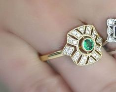 18K solid gold diamond art deco ring | Etsy Art Deco Diamond Emerald Ring With Brilliant Cut, Art Deco Emerald Ring With Diamond Center Stone, Art Deco 14k Gold Diamond Ring With Halo Setting, Art Deco 14k Gold Emerald Ring, Diamond Art Deco Ring, Sapphire Antique Ring, Art Deco Sapphire Ring, Art Deco Diamond Rings, Deco Ring