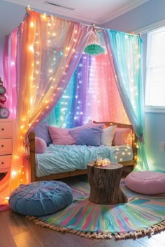 a room decorated with colorful lights and pillows