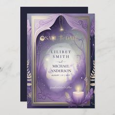 an elegant purple and gold save the date card with a candle on it's side