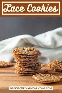 a stack of cookies sitting on top of a wooden table