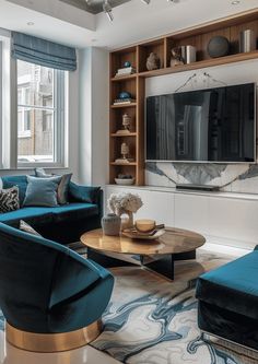 a living room filled with furniture and a flat screen tv mounted on a wall above a fireplace