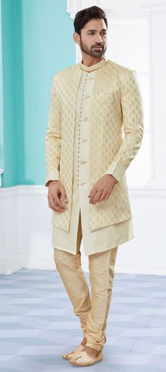 Beige and Brown color Sherwani in Banarasi Silk fabric with Embroidered, Stone, Thread, Zari work Mandarin Neckline, Indowestern Sherwani, Indo Western Sherwani, Silk Churidar, Celebrity Gowns, Dupion Silk, Latest Sarees, Readymade Blouse, Indo Western