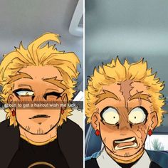 two pictures of the same person with blonde hair, one has an angry look on his face