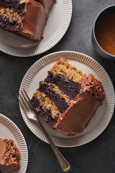 two plates with slices of chocolate cake on them